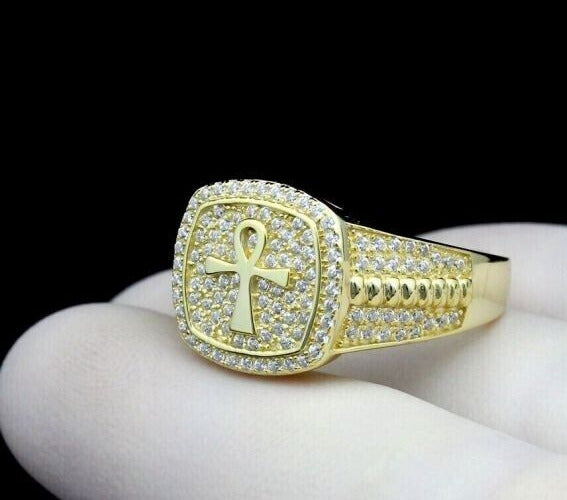 1.10Ct Diamond Cross Ring Men's Pinky Ring 14K Yellow Gold Plated