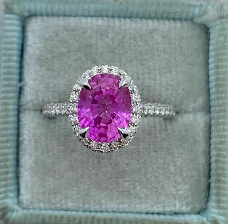 1.30 Ct Oval Cut Lab-Pink Sapphire Halo Wedding 14K White Gold Plated