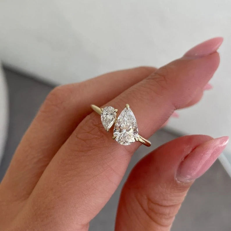 1.50 CT Double Pear Cut Moissanite Engagement Ring 14K Gold Anniversary Ring Two Stone Toi Et Moi Ring Two Stone Customized Vintage Ring