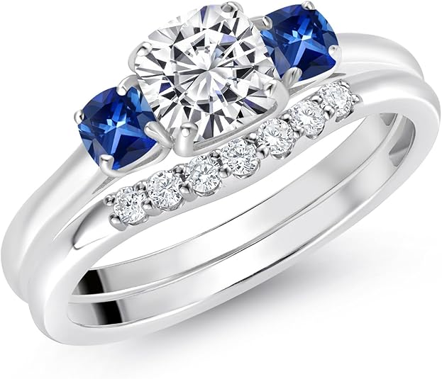 10K White Gold Lab Grown Diamond and Blue Created Sapphire 3-Stone Bridal Engagement Wedding Ring Set For Women  0.84 Cttw  5MM and 3MM Cushion Cut  Size 5,6,7,8,9