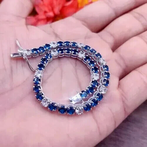 14.00Ct Round Cut Lab-Created Blue Sapphire Tennis Bracelet 14K White Gold Plated