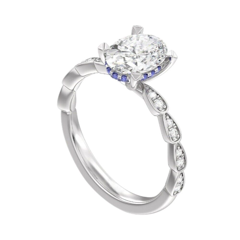 NEW 14K White Gold 1.50 Ct IGI GIA Lab CREATED Diamond Ring Oval Blue Halo Sapphire