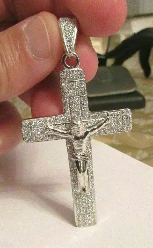 14K White Gold Over 2.50Ct Round Cut Simulated Diamond Jesus Cross Shape Pendant