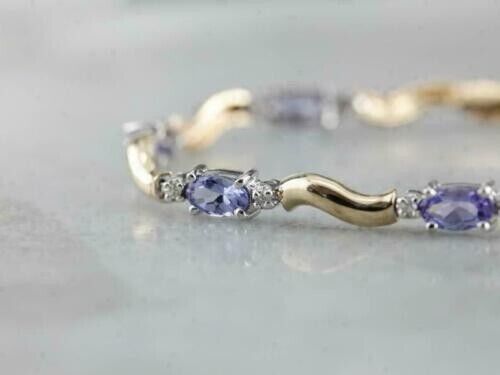 14K Yellow Gold Plated 7CT Oval Cut Tanzanite Simulated Diamond Tennis Bracelet