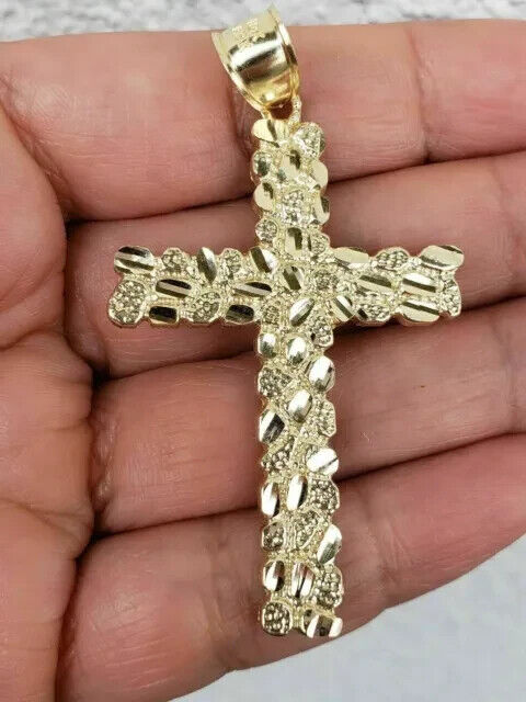 NEW 14k Yellow Gold Finish Men's Nugget Cross Crucifix Charm Pendant