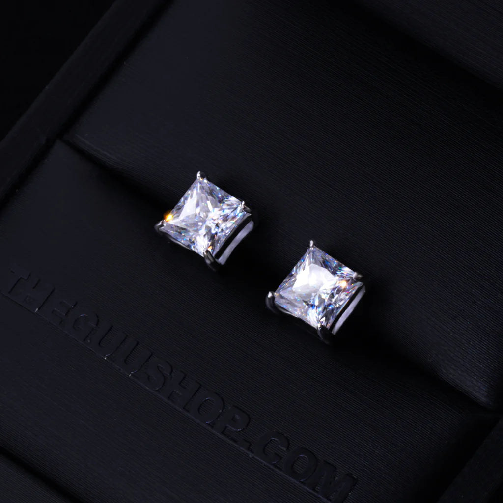 3Ct Princess Cut Solitaire Stud Earrings 14K White Gold Finish