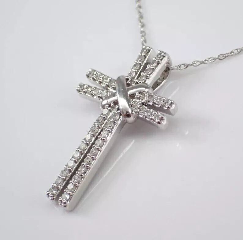 2.00Ct Round Cut Real Moissanite Cross Pendant 14K White Gold Plated 18Chain