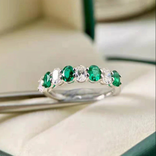 2.15 Ct Oval Emerald Half Eternity Wedding Ring 14k White Gold Plated