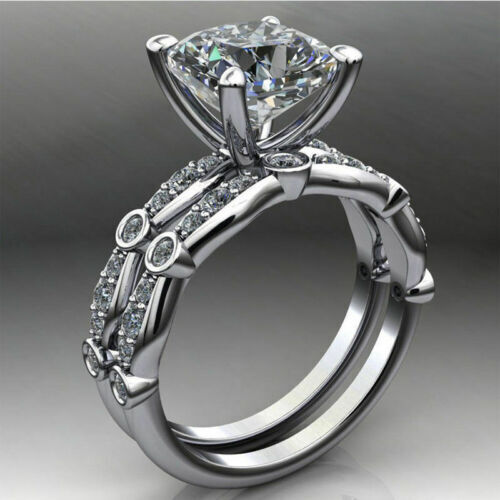 2.70Ct White Cushion Cut Lab-Created Diamond Engagement Ring Sets 14K White Gold