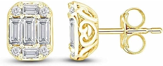 2CT Baguette & Round Cut Lab Created Diamond Stud Earrings 14k Yellow Gold Finish 925 Sterling Silver For Women's