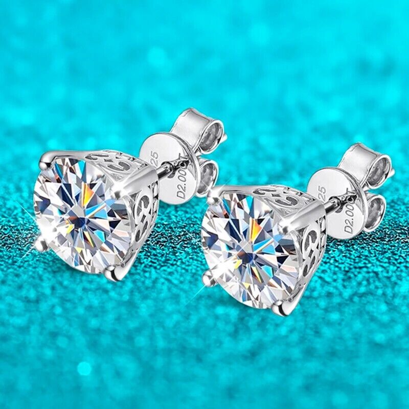 2.0CT Round Cut Real Moissanite Stud Earrings Men Women Gift 925 Sterling Silver