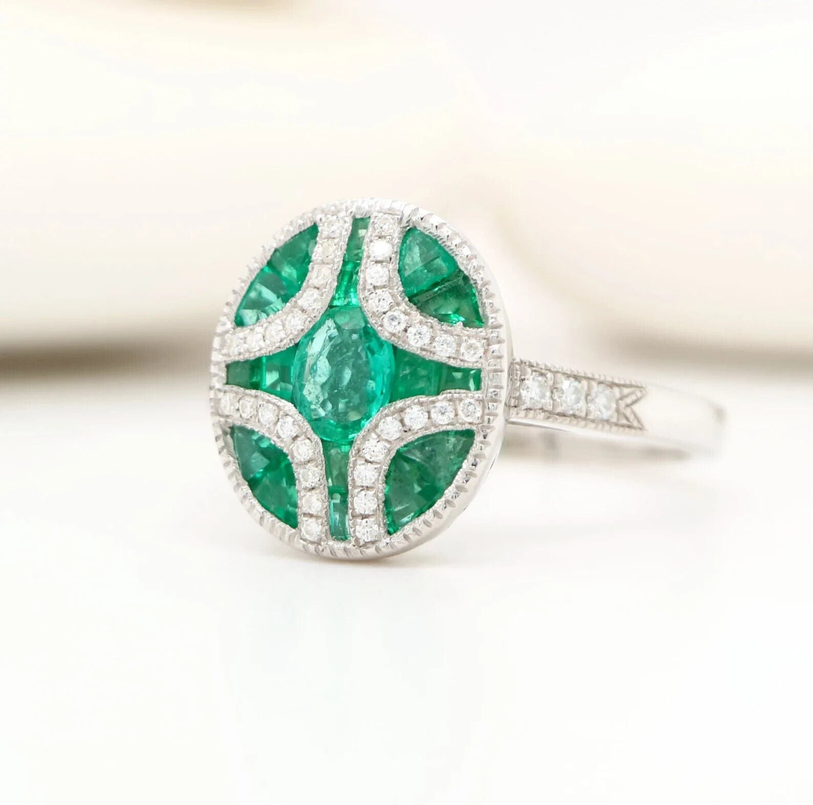 2Ct Emerald & Lab Created Diamond Art Deco Engagement 14K White Gold Filled Ring