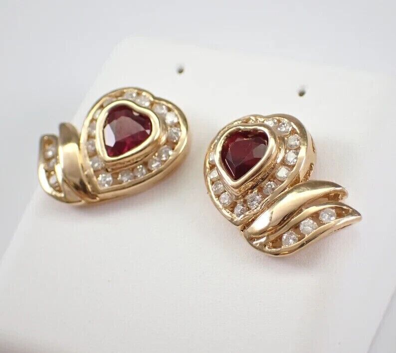 2.0Ct Heart Cut Lab-Created Red Garnet Halo Stud Earrings 14K Yellow Gold Plated