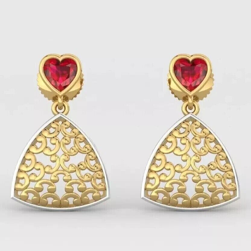 2.00Ct Heart Cut Lab-Created Ruby Women Drop/Dangle Earrings 14K Yellow Gold Plated