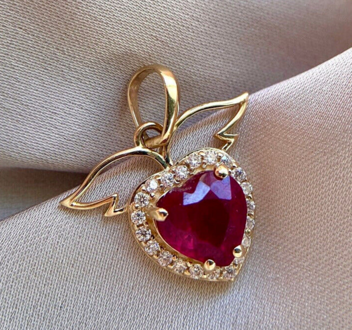 2.0Ct Heart Cut Lab Pink Ruby Heart & Wings Pendant 14K Yellow Gold Plated