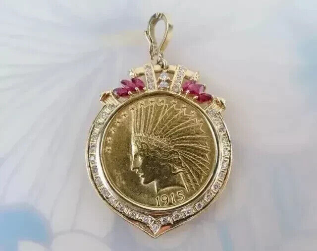 NEW 2.0Ct Lab Lab Created Ten Dollar Coin Pendant With Chain 14k Yellow Gold Plated