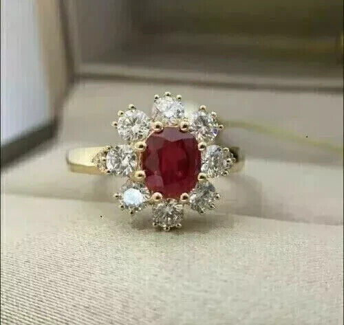 2Ct Oval Cut Lab-Created Red Ruby Diamond Wedding Ring In 14K Yellow Gold Plated