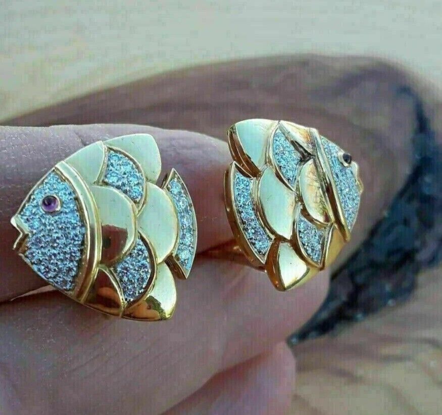 2.00Ct Round Cut Lab Created Diamond Fish Stud Earring 14K Two Tone Gold Plated