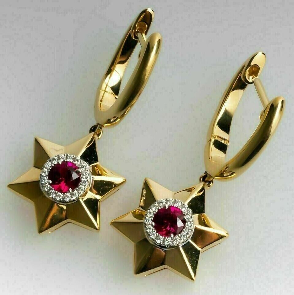 2.0Ct Round Cut Lab Created Ruby Star Drop-Dangle Earring 14K Two Tone Gold Plated