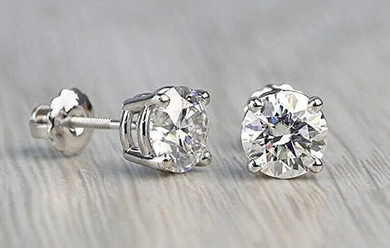 2.0Ct Round Cut VV D Lab Created Stud Earrings 14K White Gold 7 mm Screw Back