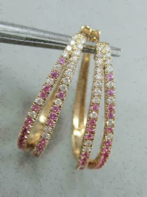 2Ct Round Lab Created Pink Sapphire Two Row Hoop Earrings 14k Yellow Gold Plated