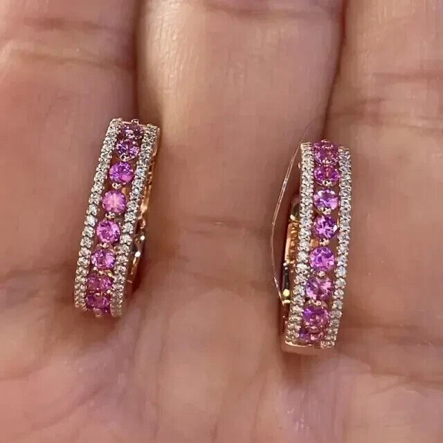 2Ct Round Lab Created Pink Sapphire Women's Hoop Earrings 14K Yellow Gold Plated