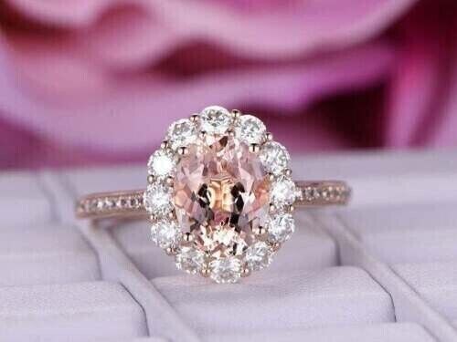 3.00 Ct Oval Cut lab-Created Morganite Halo Engagement Ring 14K Rose Gold Plated