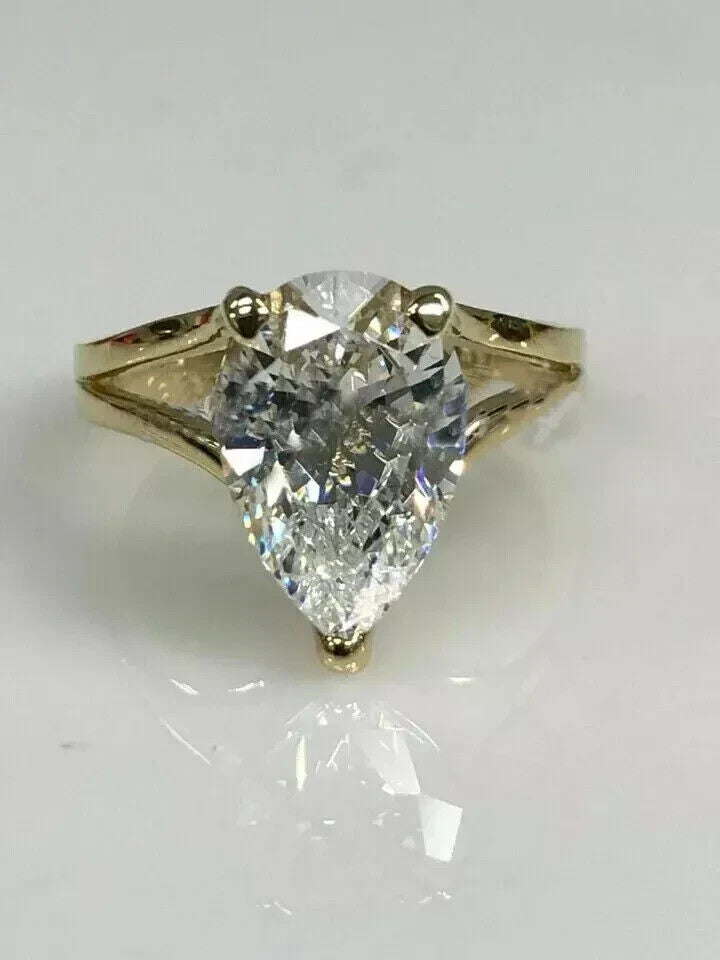 NEW 3.00 Ct Pear Cut VVS1 Moissanite Solitaire Engagement Ring Solid 14K Yellow Gold