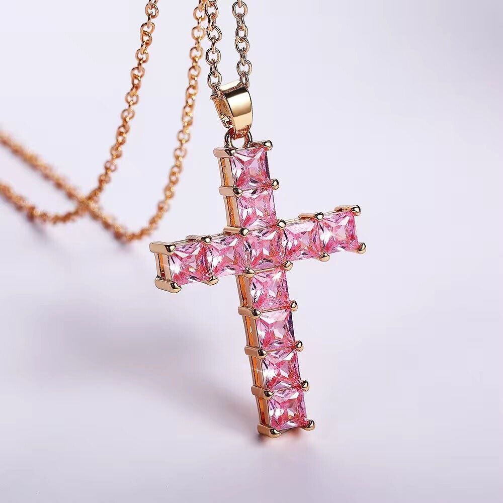 3.30 Ctw Princess Lab Created Pink Sapphire 14K Yellow Gold Over Cross Pendant