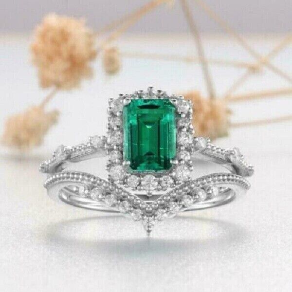 3.50CT Lab-Created Emerald Wedding Bridal Ring Set 14K White Gold Finish