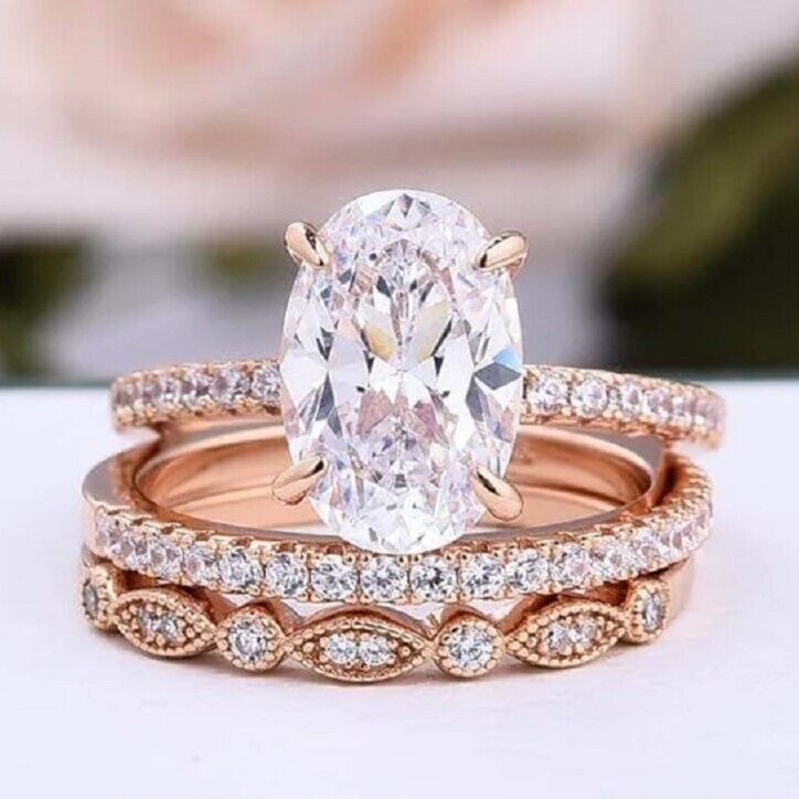 3.50TCW Oval Cut VVS1 Moissanite Trio Set Engagement Ring 14k Rose Gold Plated