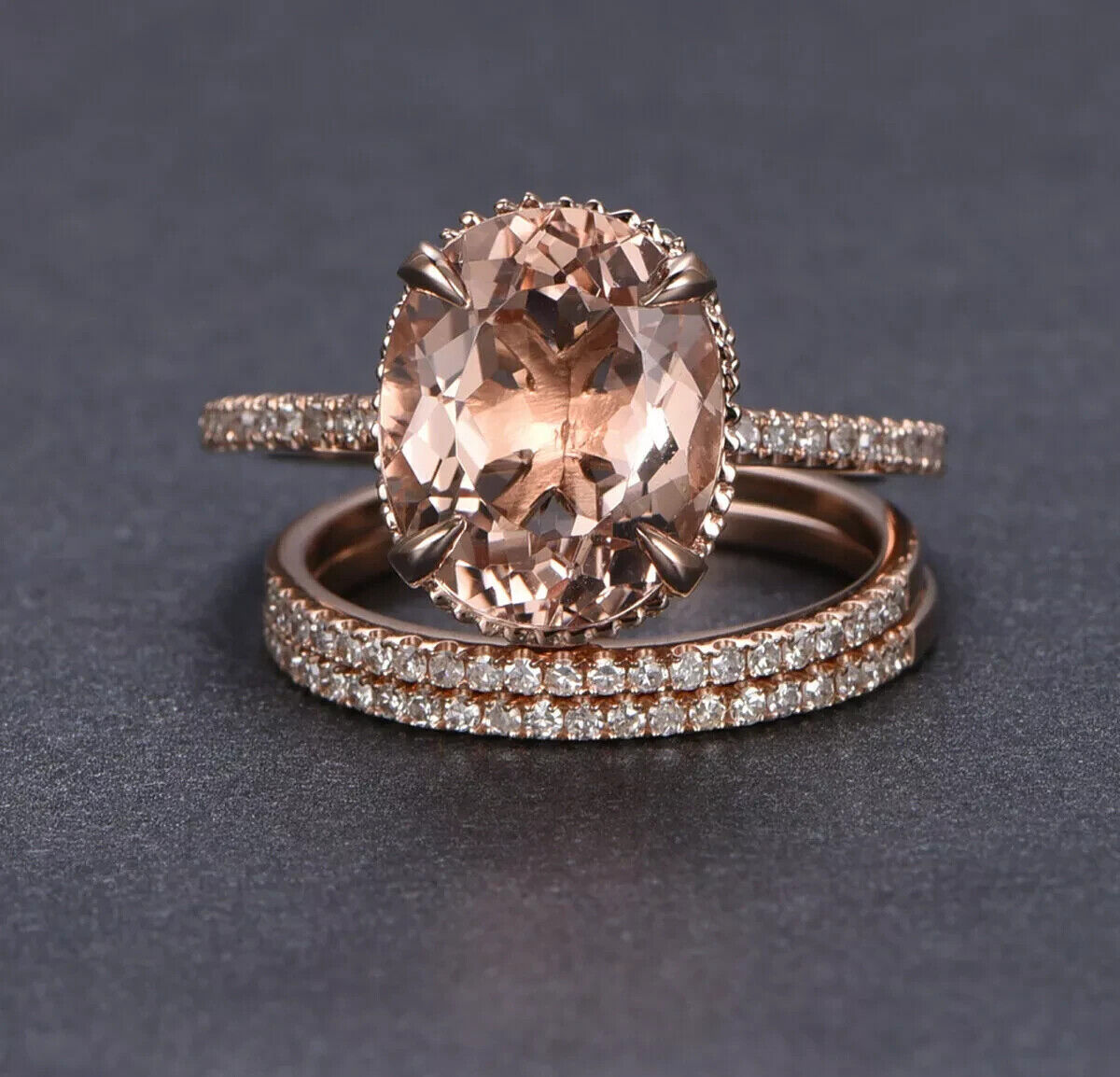 3.00CT Oval Morganite Lab-Created Halo Engagement Trio Ring 14k Rose Gold Plated