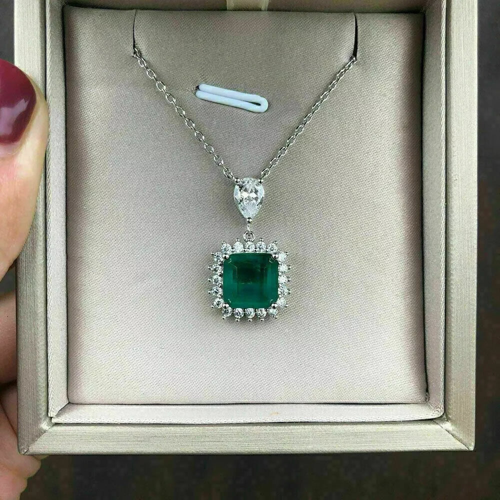 3.00Ct Asscher Cut Green Emerald Diamond Halo Pendant 14K White Gold Finish Chain