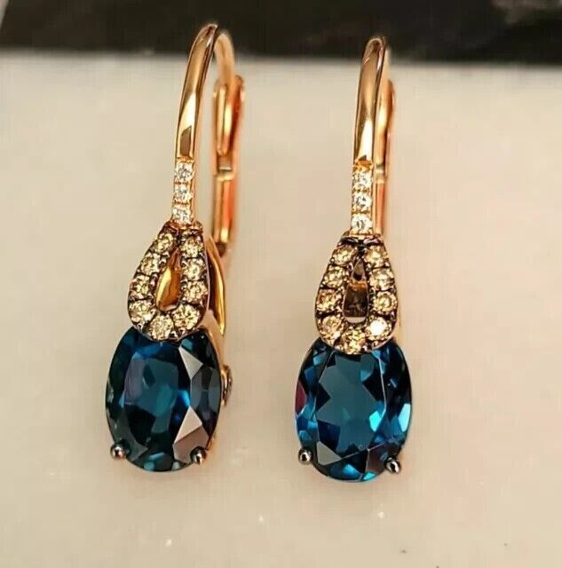 3.0Ct Oval Lab-Created London Blue Topaz Women Drop Earrings 14KYellow Gold Plated