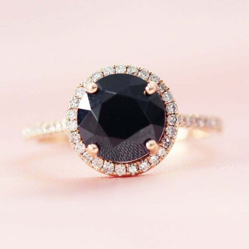 3.00Ct Round Cut Lab Black Diamond Halo Engagement Ring 14K Rose Gold Over