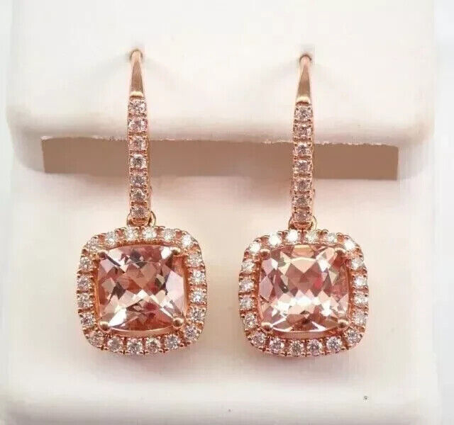 NEW 4Ct Cushion Cut Lab-Created Morganite DropDangle Earring's 14K Rose Gold Plated