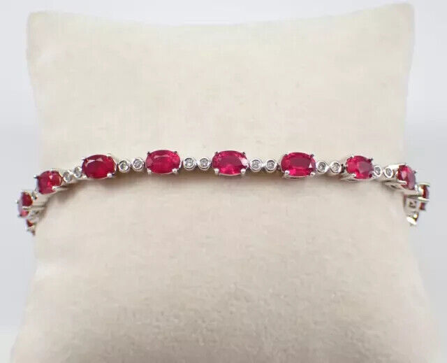 5.00Ct Oval Cut Lab-Created Red Ruby Unique Tennis Bracelet 14K White Gold Plate0