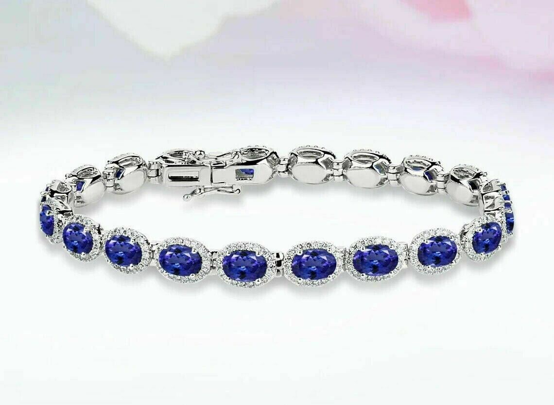 5Ct Oval Cut Lab Created Blue Sapphire Tennis Bracelet 14K White Gold Plated