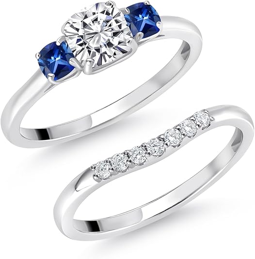 10K White Gold Lab Grown Diamond and Blue Created Sapphire 3-Stone Bridal Engagement Wedding Ring Set For Women  0.84 Cttw  5MM and 3MM Cushion Cut  Size 5,6,7,8,9