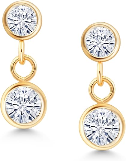 Gem Stone King 14K Yellow Gold White Moissanite Drop Dangle Earrings For Women (0.66 Cttw, Gemstone Birthstone, Round 4MM and 3MM)