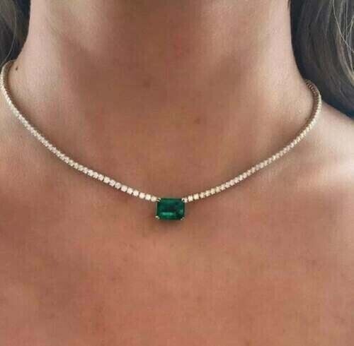 6.00Ct Lab-Created Emerald & Diamond Tennis Choker Necklace 14K White Gold Plated