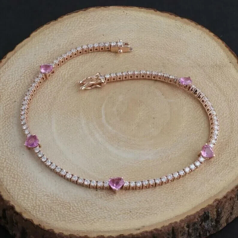 9.00Ct Heart Cut Lab Created Sapphire Women Tennis Bracelet 14K Rose Gold Finish