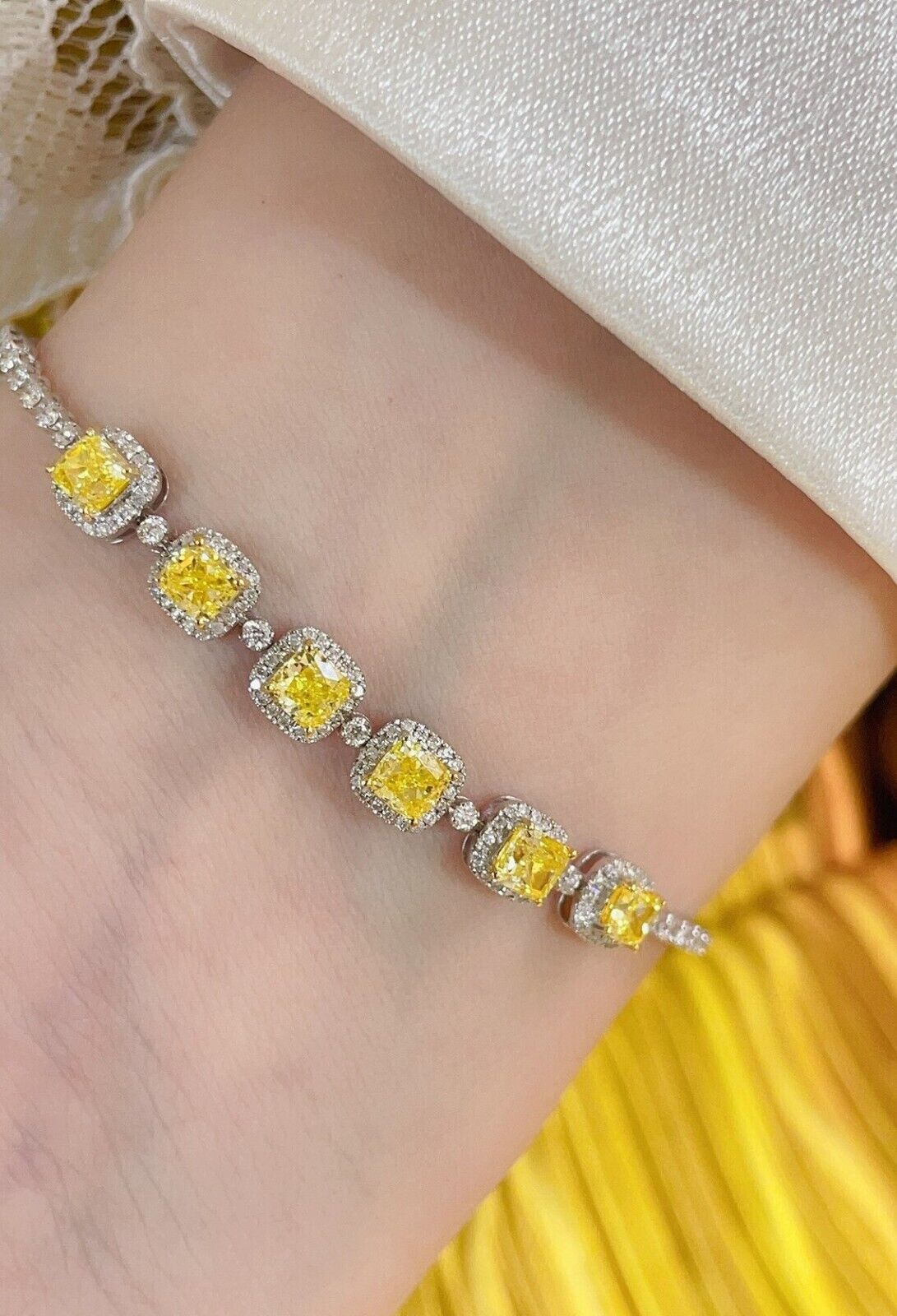 9.0.Ct Lab Created Canary Yellow Diamond Tennis 7.5Bracelet 14K White Gold Plated