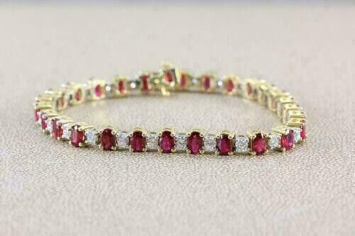 9.00Ct Oval Ruby & Diamond Lab Created Tennis Bracelet 14K Yellow Gold Plated silver