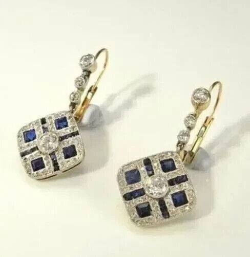 Art Deco Style 3Ct Lab Created Diamond & Sapphire Edwardian 925 Silver Earrings