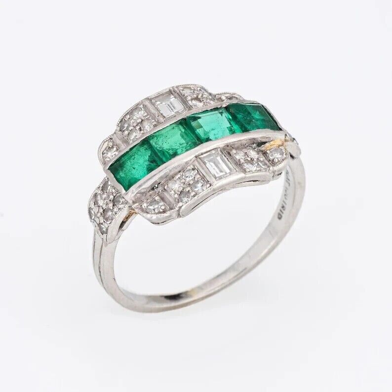 Art Deco Style Engagement Ring Emerald 14k White Gold Plated Silver