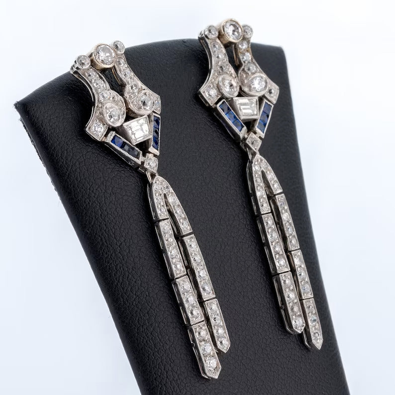 Art Deco Style Sapphire Lab-Created Diamond Drop Dangle 925 Silver Earring