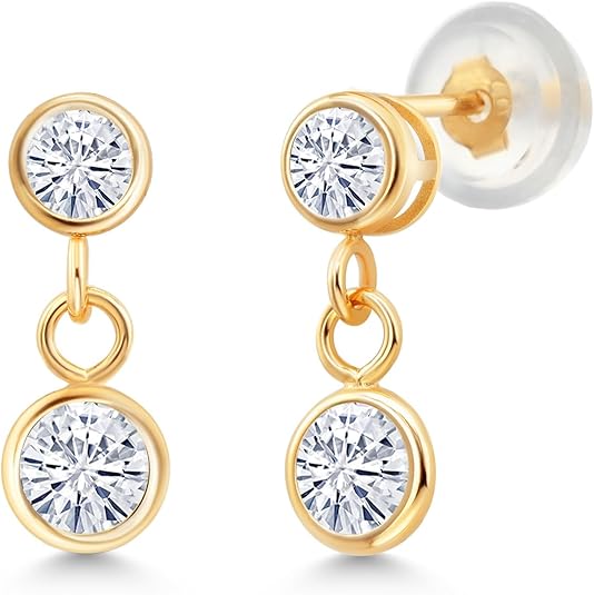 Gem Stone King 14K Yellow Gold White Moissanite Drop Dangle Earrings For Women (0.66 Cttw, Gemstone Birthstone, Round 4MM and 3MM)