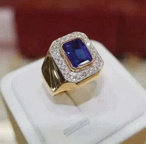 Blue Sapphire 5.0CT Emerald Cut Men Pinky Ring 14K Yellow Gold Plated