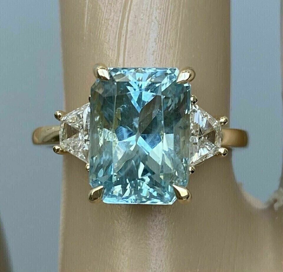 Aquamarine 3.50Ct Emerald Cut Engagement Ring 14K Yellow Gold Plated